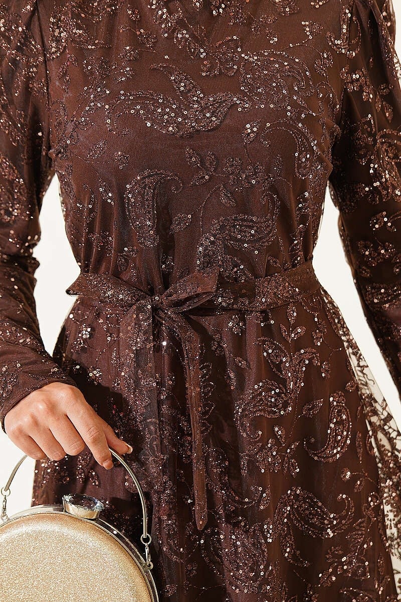 Paisley Simli Pullu Abiye Elbise Kahve