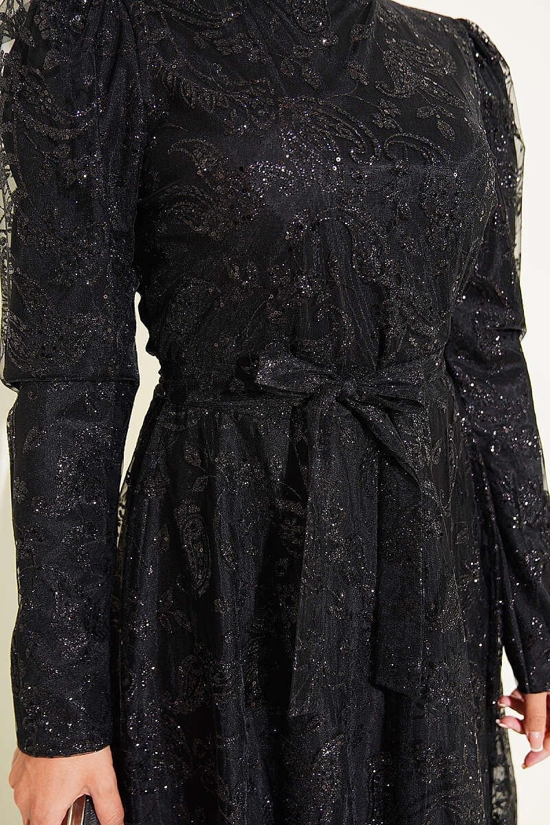 Paisley Simli Pullu Abiye Elbise Siyah