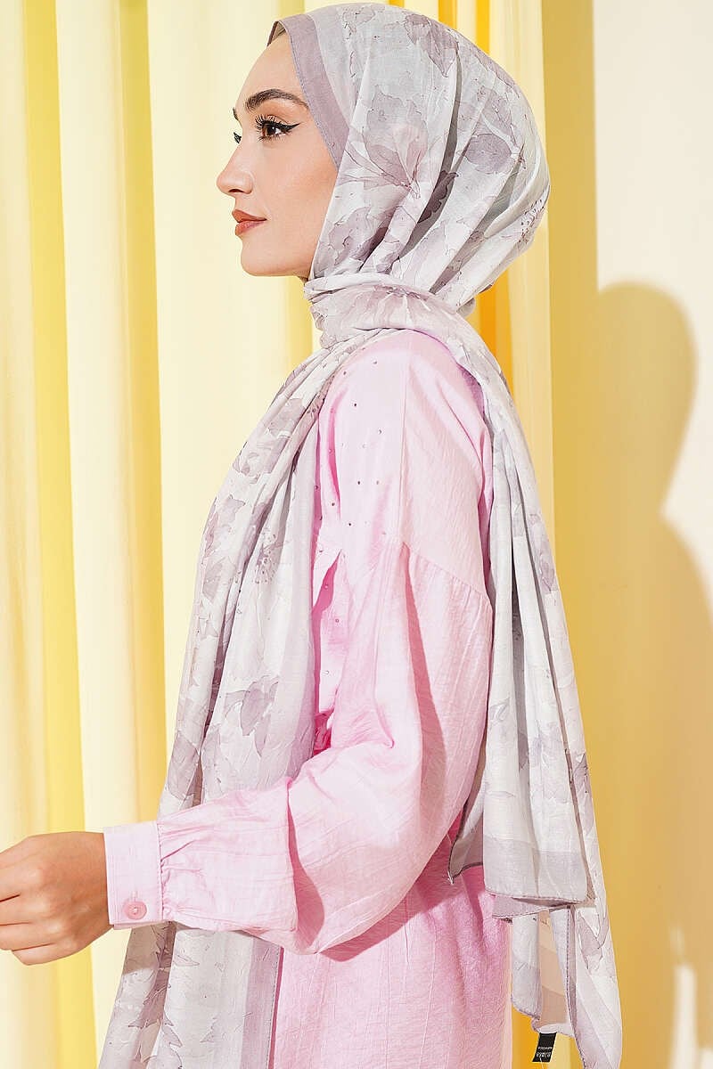 Pastel Çiçekli Bambu Kraş Şal Açık Vizon