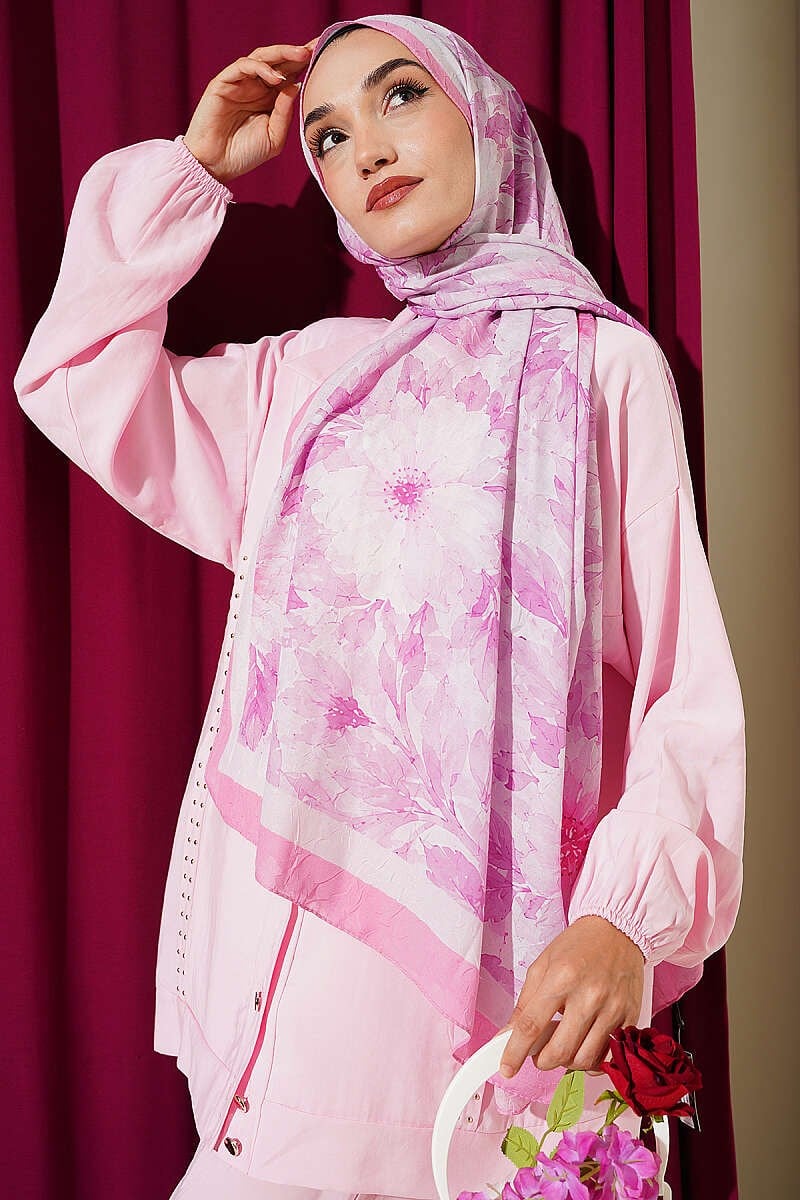 Pastel Çiçekli Bambu Kraş Şal Pembe
