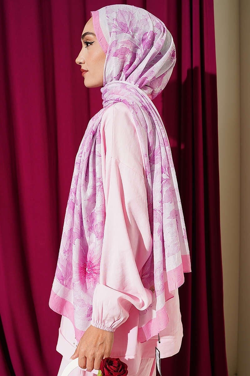 Pastel Çiçekli Bambu Kraş Şal Pembe