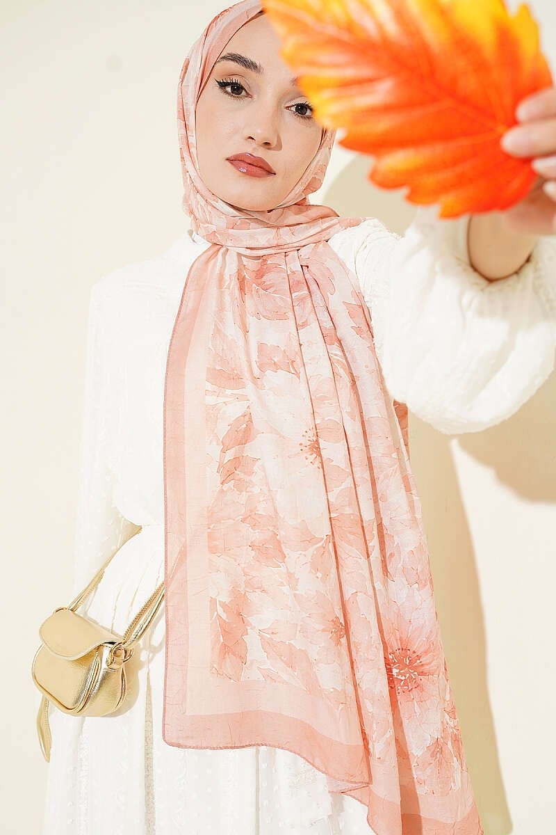Pastel Çiçekli Bambu Kraş Şal Somon