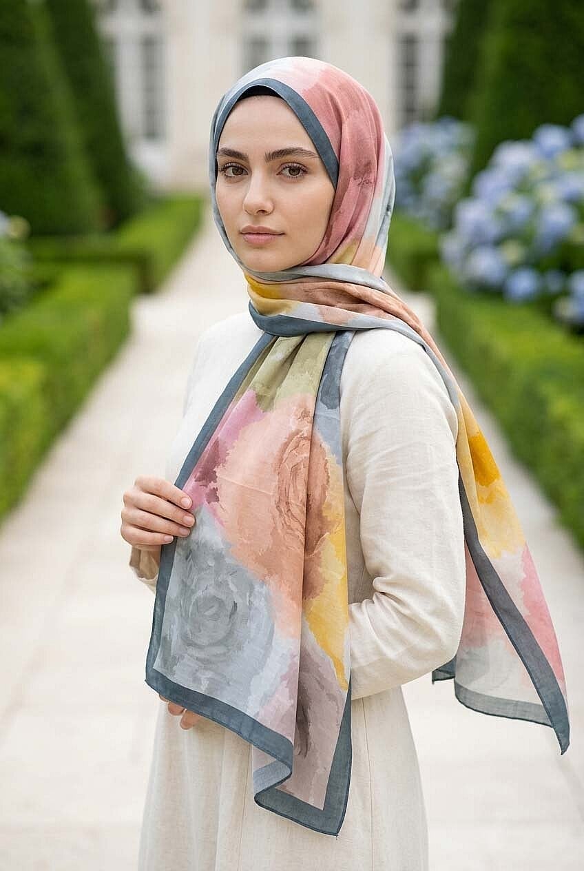 Pastel Gül Desenli Şal Serisi Füme