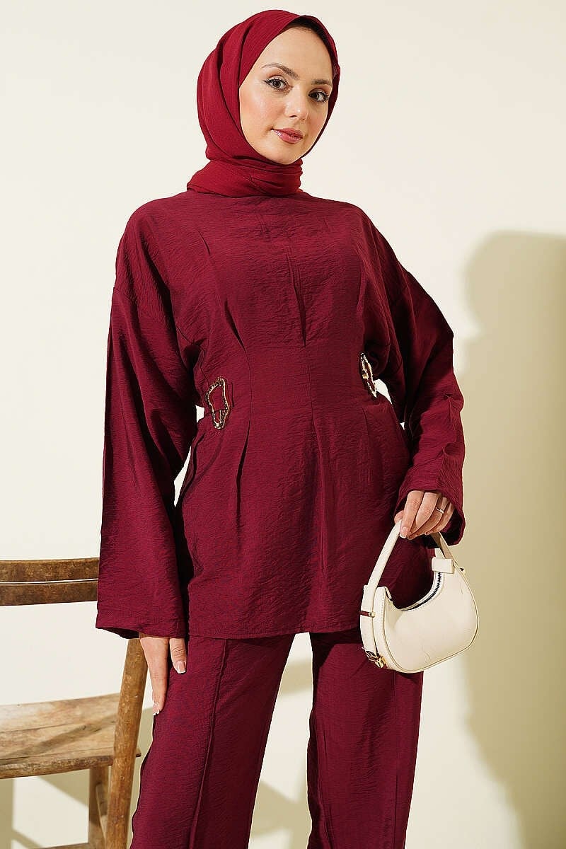 Pens Detaylı Tokalı Yan Kuşaklı Takım Bordo