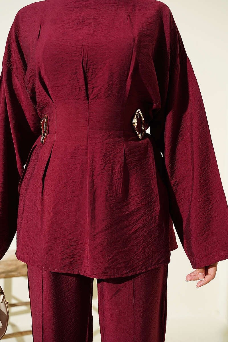 Pens Detaylı Tokalı Yan Kuşaklı Takım Bordo