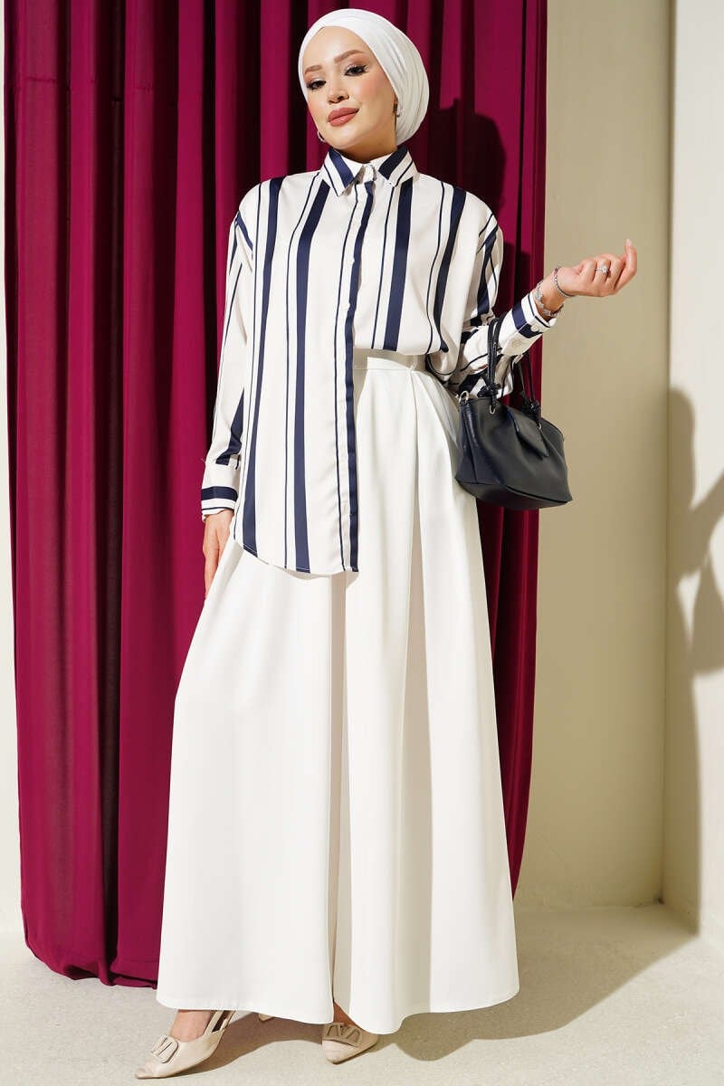 Pile Detaylı Geniş Paça Pantolon Beyaz