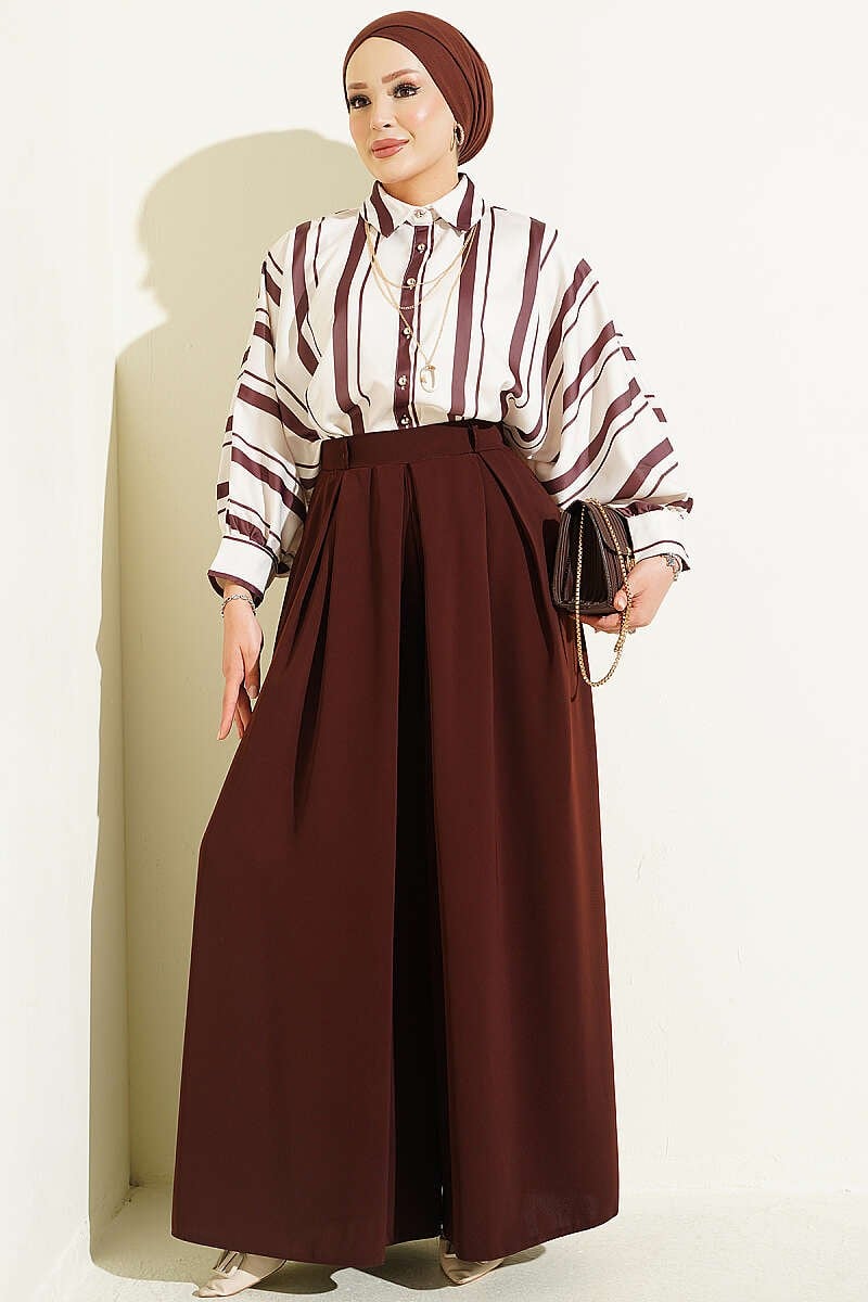 Pile Detaylı Geniş Paça Pantolon Kahve