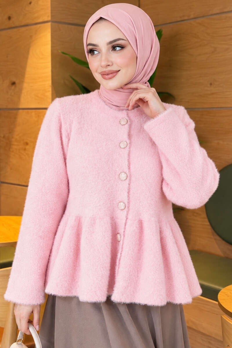Pileli Düğmeli Sakallı Hırka Pembe
