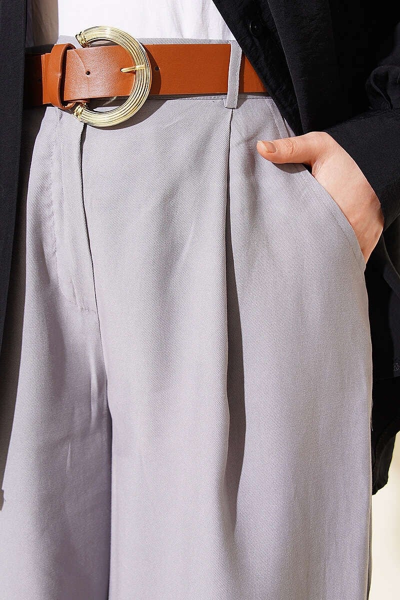 Pileli Kemerli Oversize Pantolon Gri