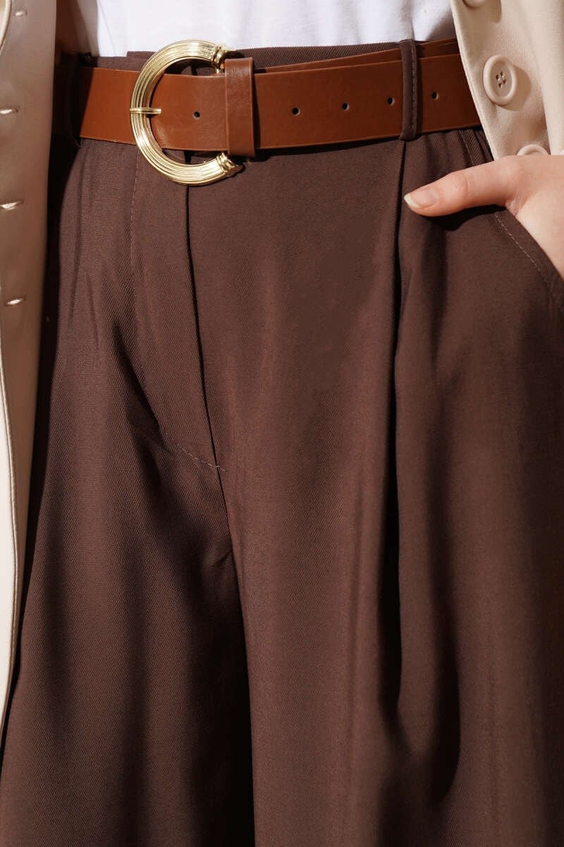 Pileli Kemerli Oversize Pantolon Kahve