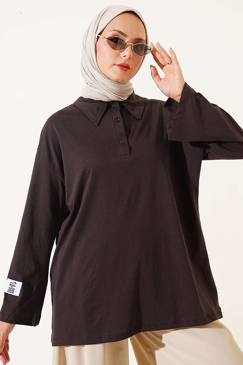 Polo Yaka Armalı Salaş Tunik Acı Kahve