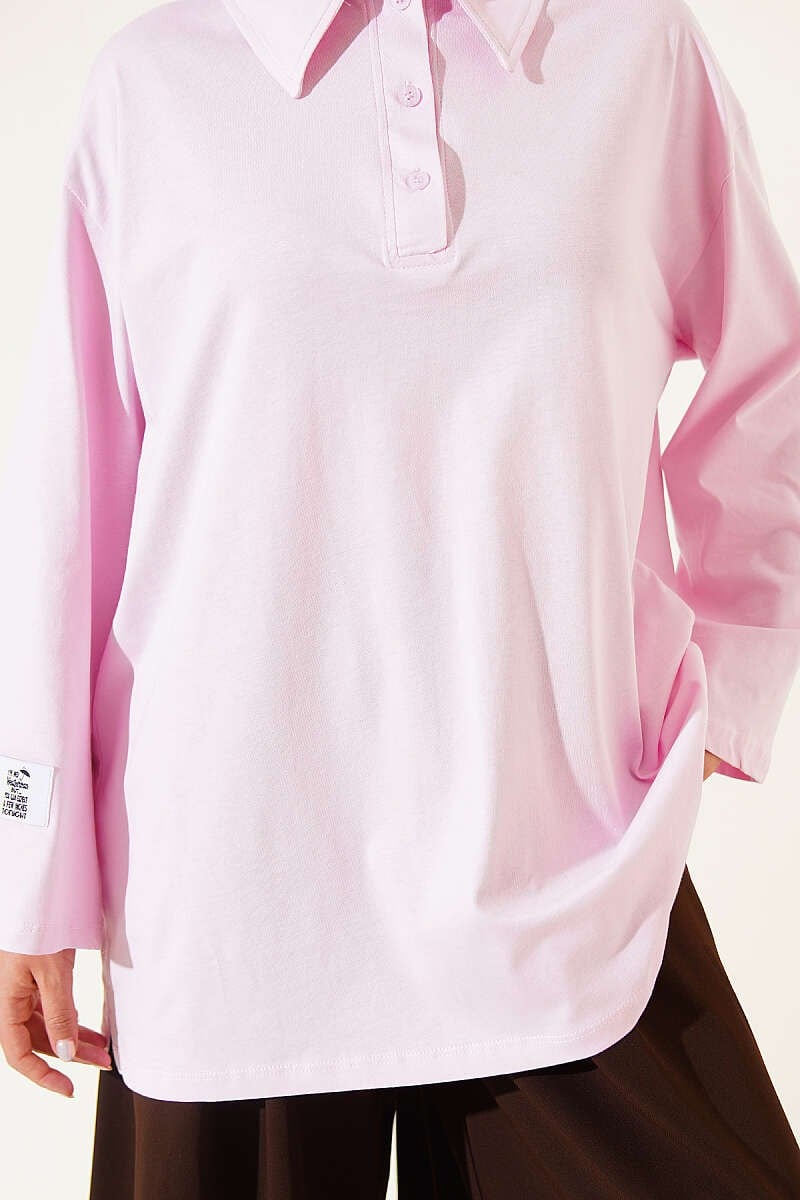 Polo Yaka Armalı Salaş Tunik Pembe