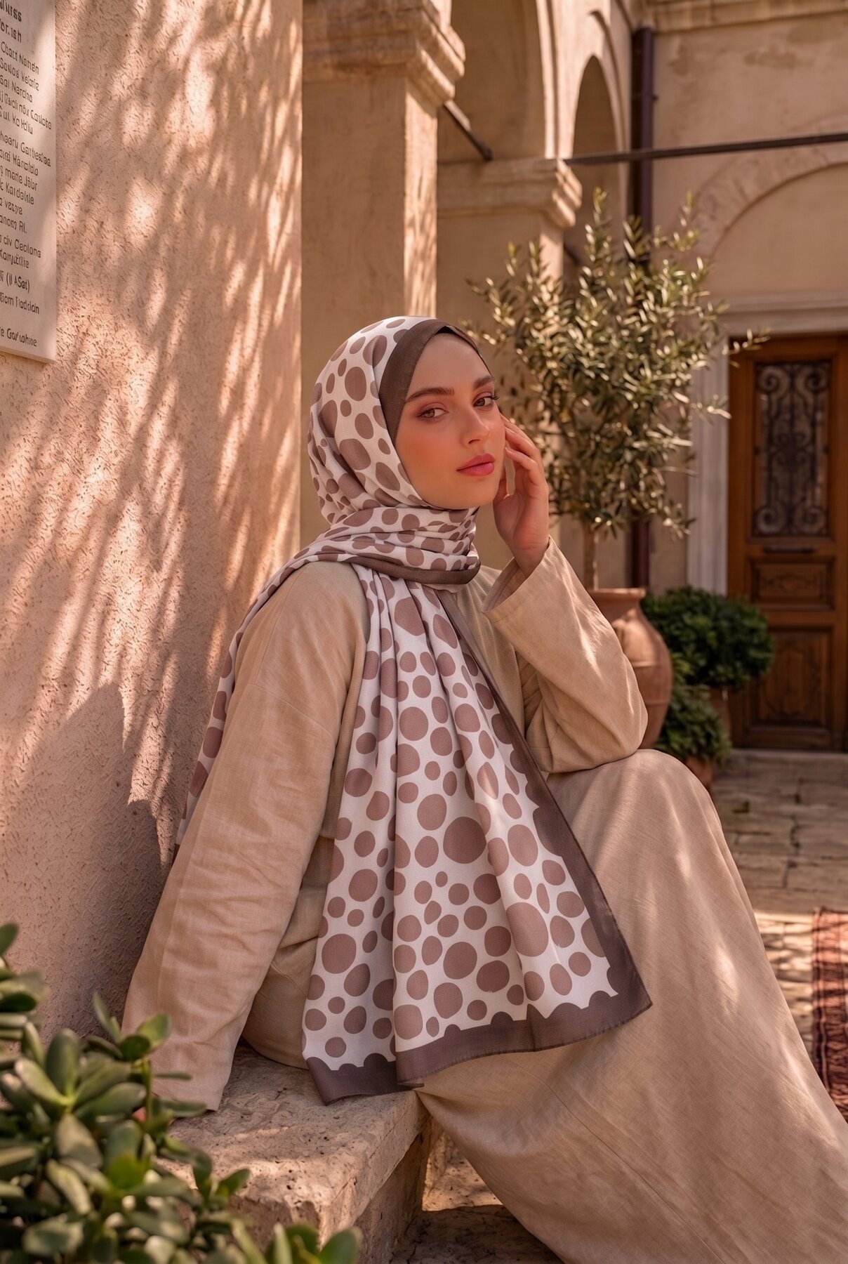 Puantiye Desen Şal Serisi Koyu Pudra