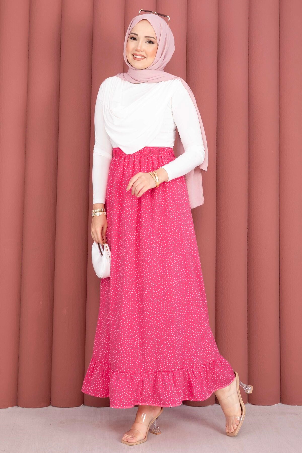 Puantiye Desenli Volanlı Etek Pembe