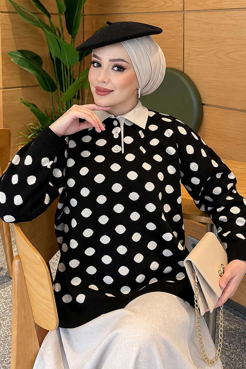 Puantiyeli Düğmeli Triko Tunik Siyah