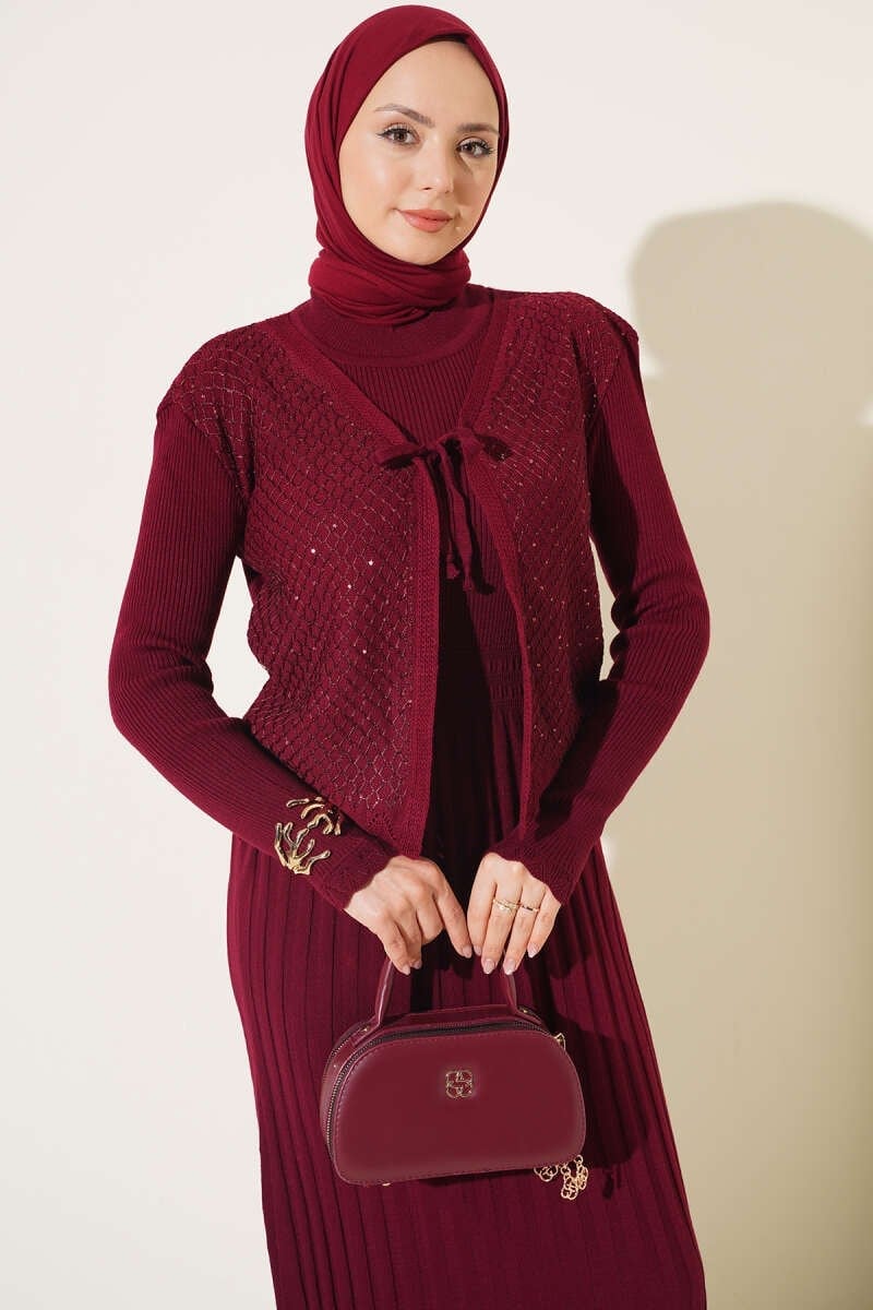 Pul Detaylı Bağlamalı Triko Elbise Bordo