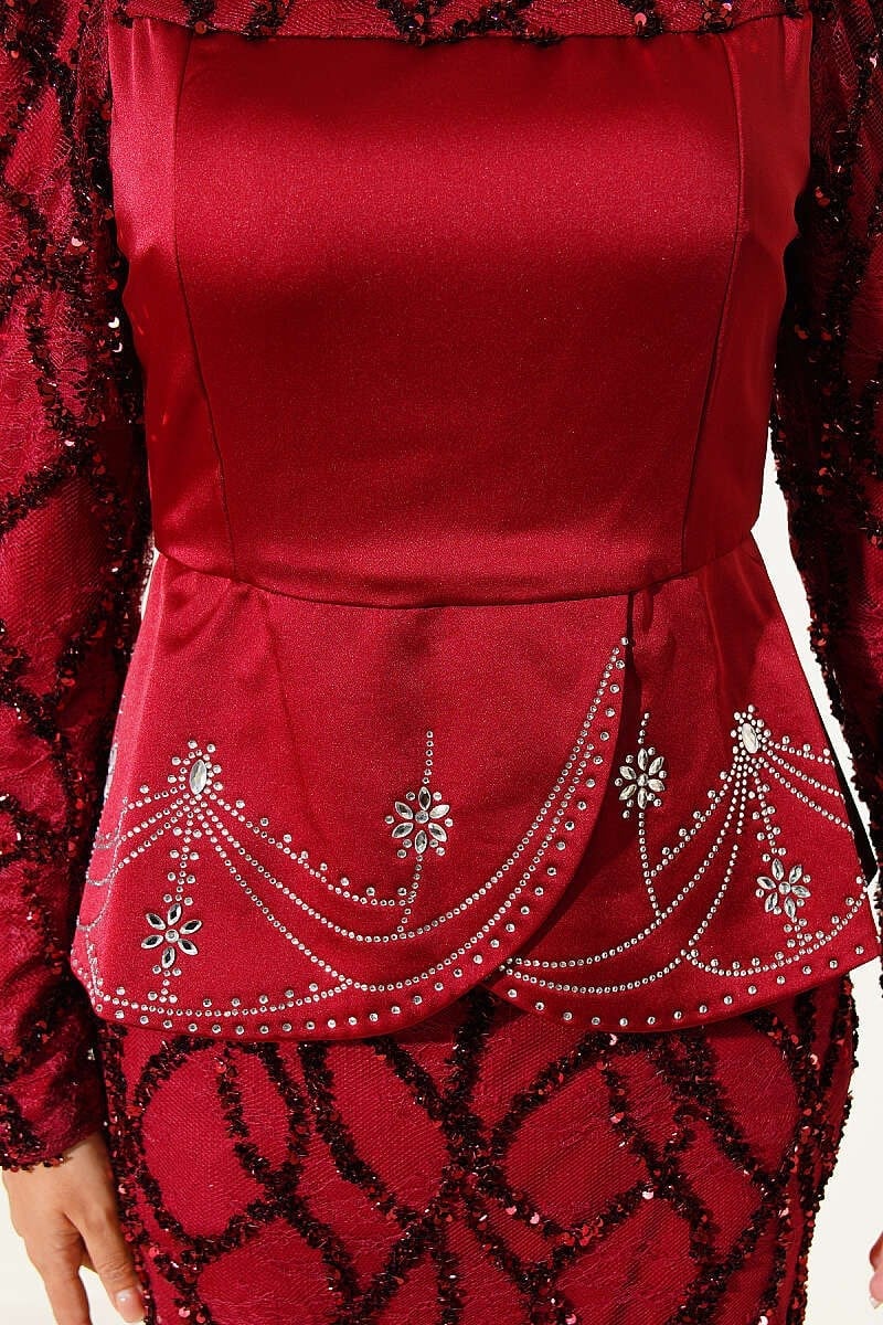 Pul Payetli Saten Korse Detaylı Abiye Bordo