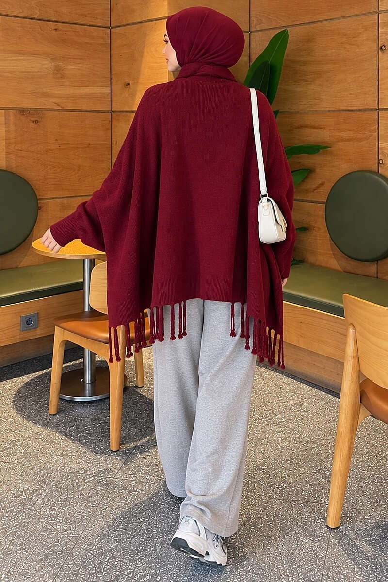 Püsküllü Basic Omuz Şalı Bordo