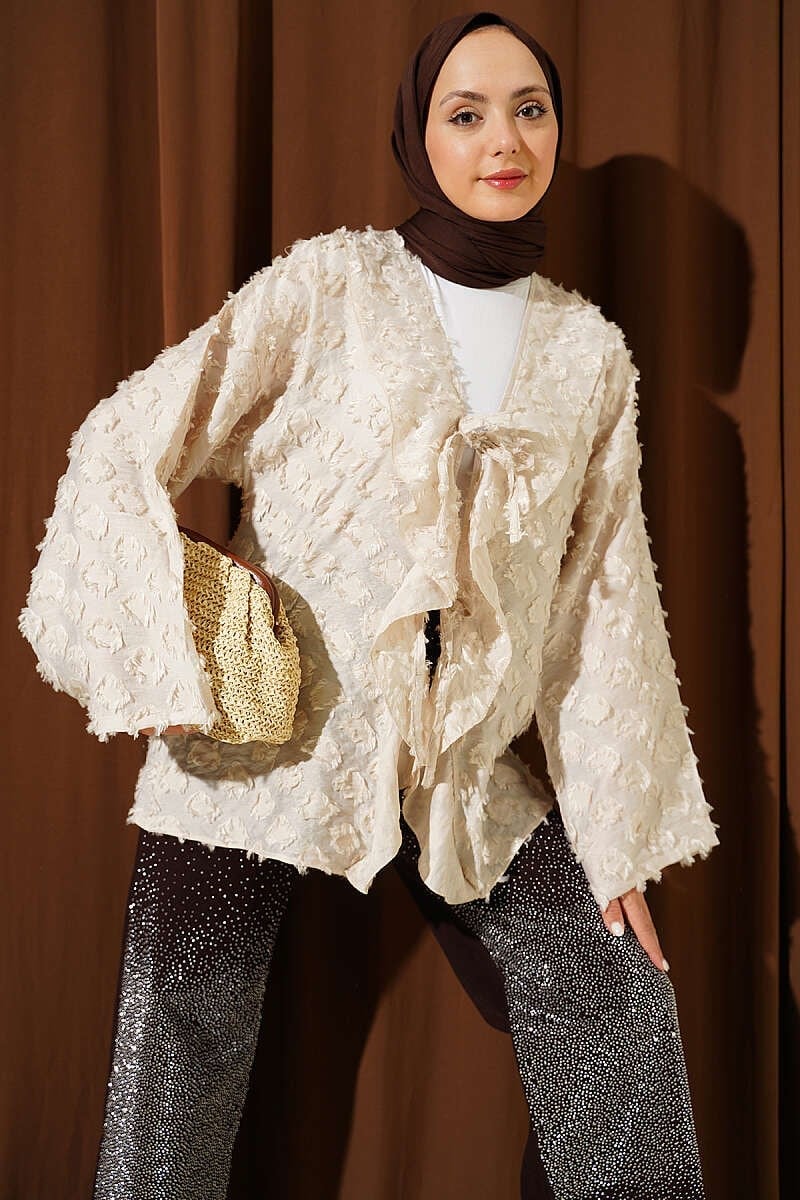 Püsküllü Fırfırlı İp Bağlamalı Kimono Bej