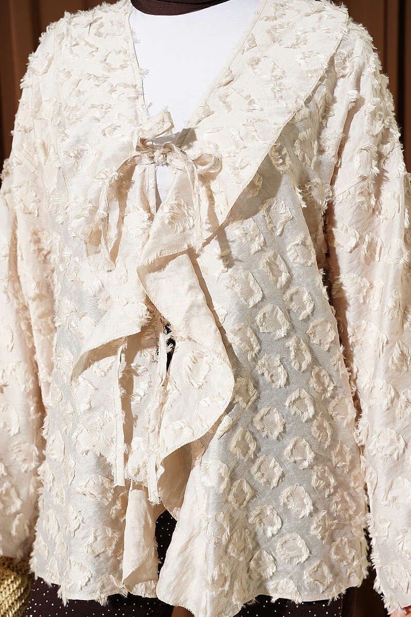 Püsküllü Fırfırlı İp Bağlamalı Kimono Bej