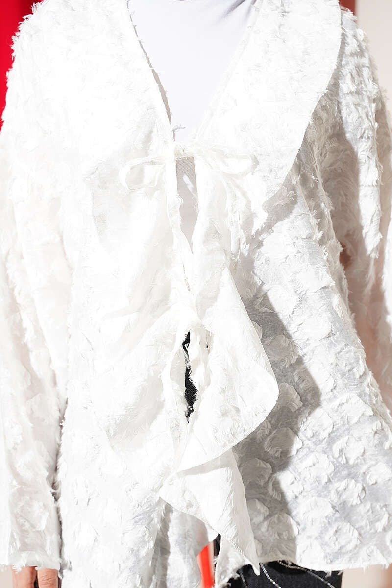 Püsküllü Fırfırlı İp Bağlamalı Kimono Ekru