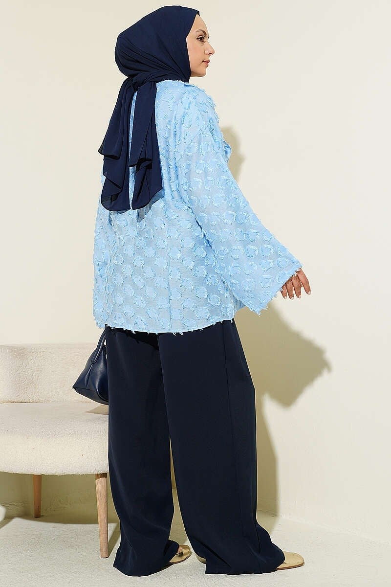 Püsküllü Fırfırlı İp Bağlamalı Kimono Mavi