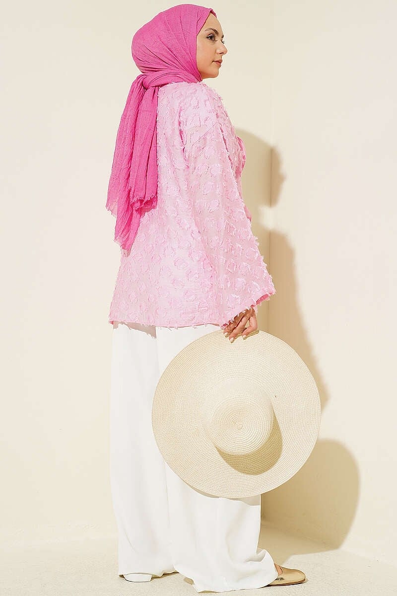 Püsküllü Fırfırlı İp Bağlamalı Kimono Pembe