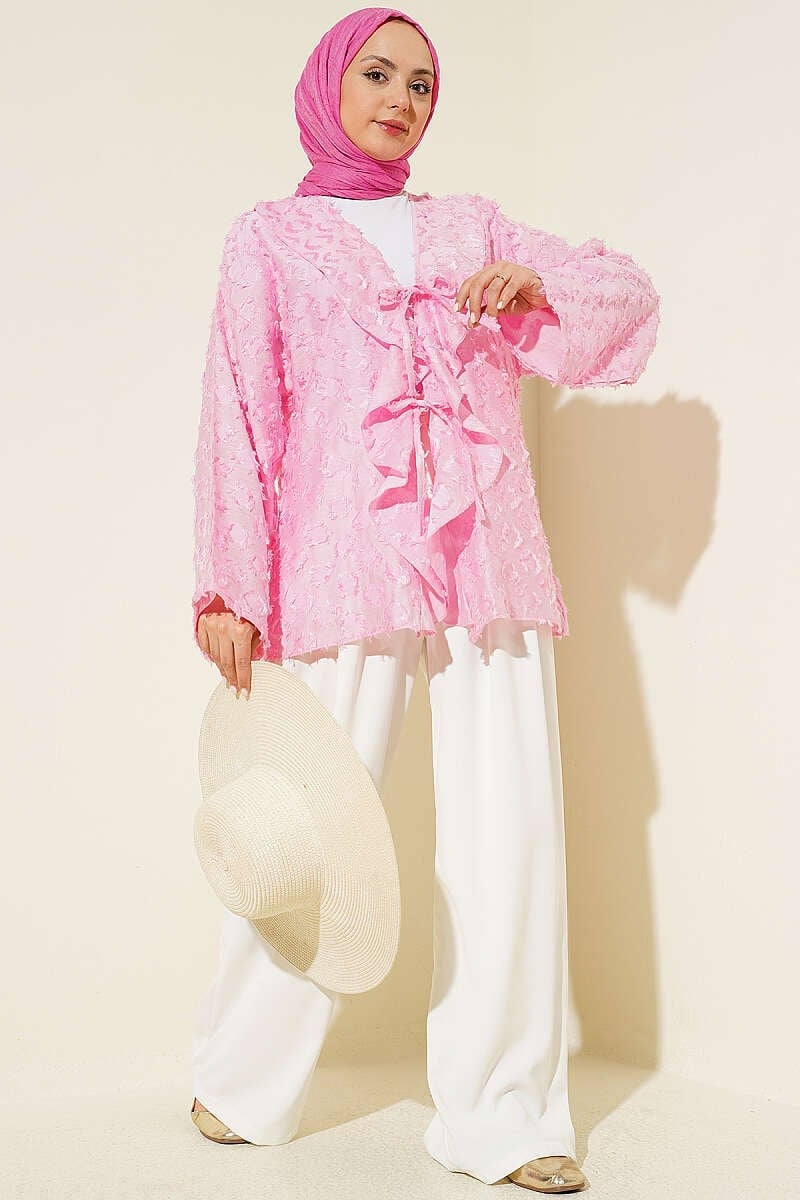 Püsküllü Fırfırlı İp Bağlamalı Kimono Pembe