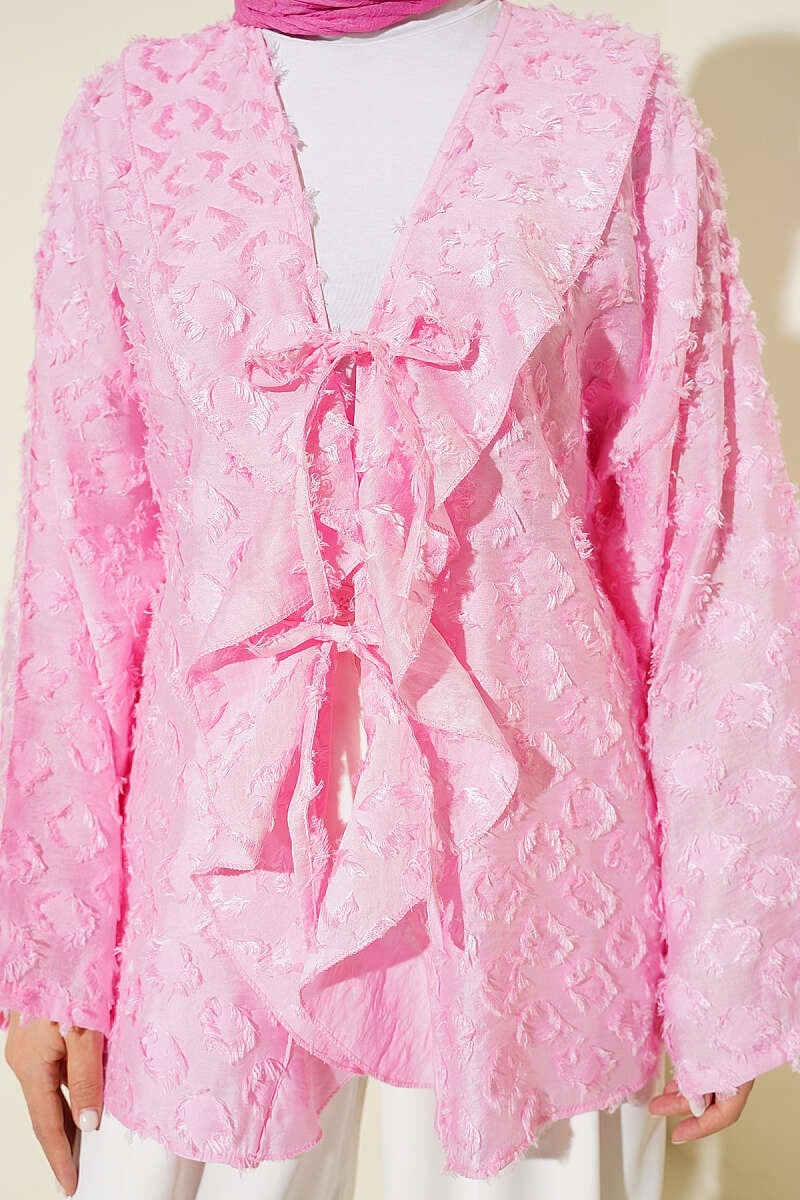 Püsküllü Fırfırlı İp Bağlamalı Kimono Pembe