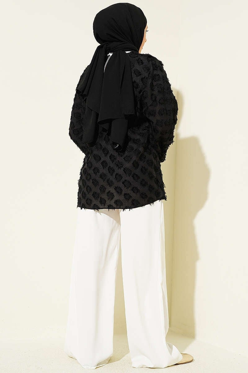 Püsküllü Fırfırlı İp Bağlamalı Kimono Siyah