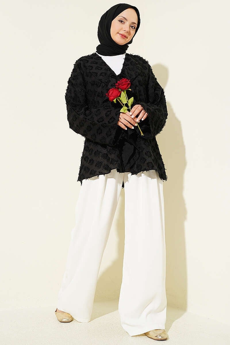 Püsküllü Fırfırlı İp Bağlamalı Kimono Siyah