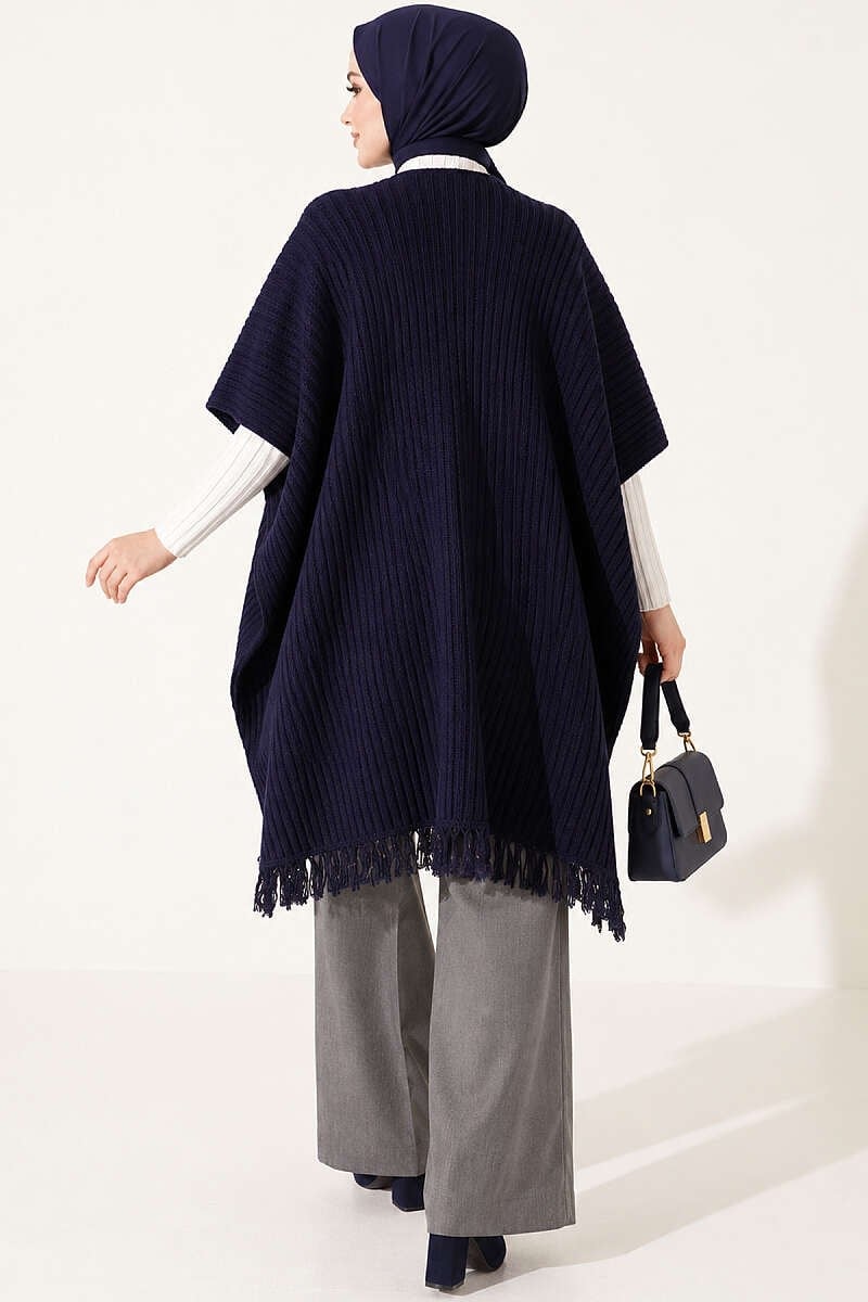 Püsküllü Triko Omuz Şalı Lacivert
