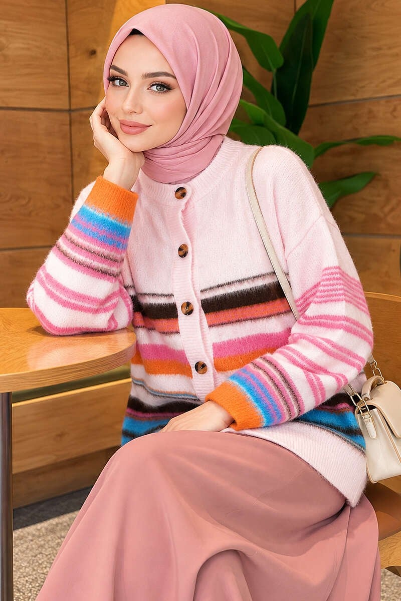 Renkli Çizgi Detaylı Düğmeli Triko Hırka Pembe
