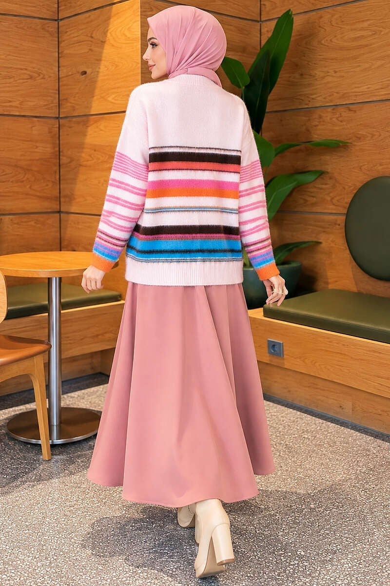 Renkli Çizgi Detaylı Düğmeli Triko Hırka Pembe