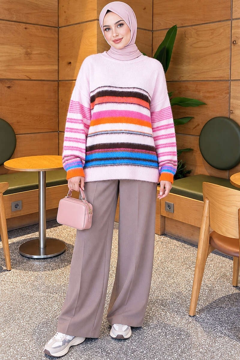 Renkli Çizgili Yumoş Triko Tunik Pembe