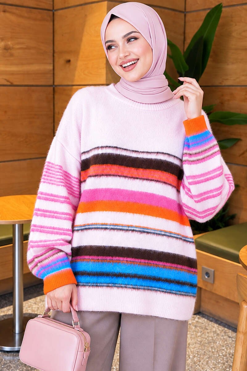 Renkli Çizgili Yumoş Triko Tunik Pembe