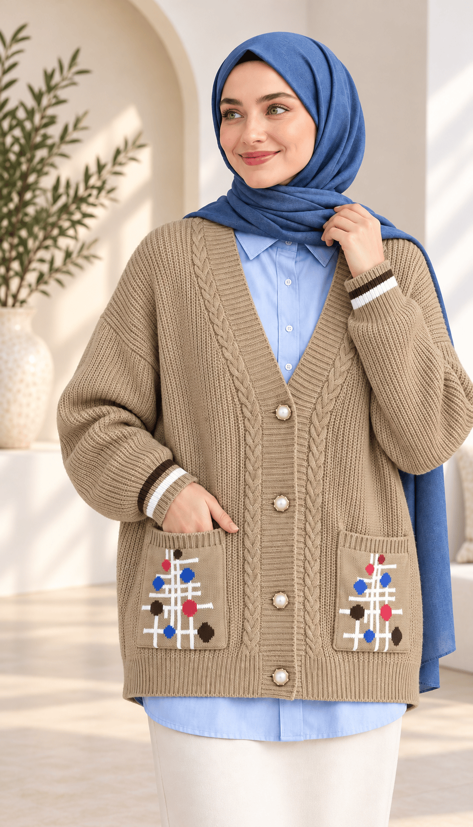 Renkli Nakış Cepli Düğmeli Triko Hırka Camel