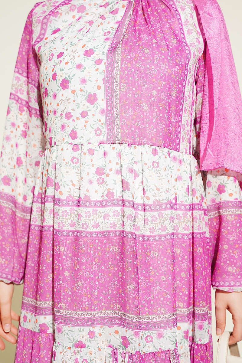 Retro Çiçek Desenli Şifon Elbise Fuşya