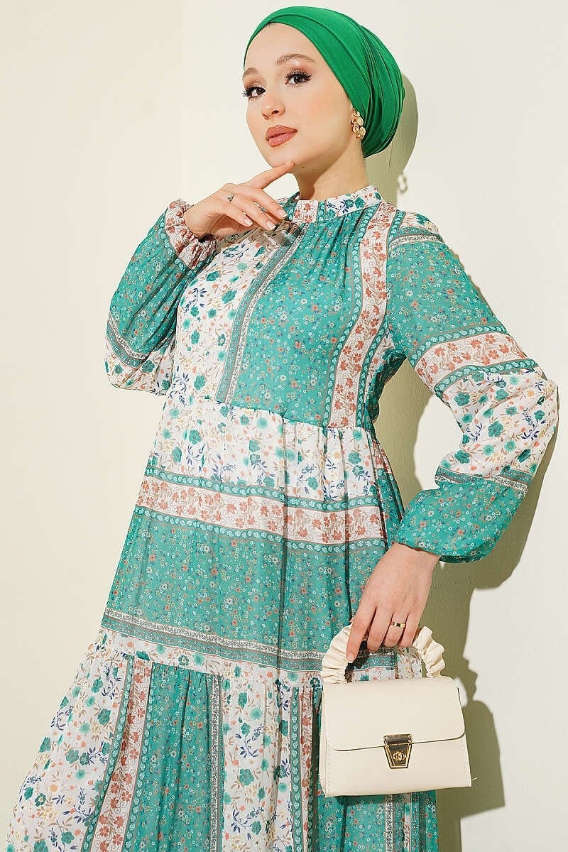 Retro Çiçek Desenli Şifon Elbise Yeşil