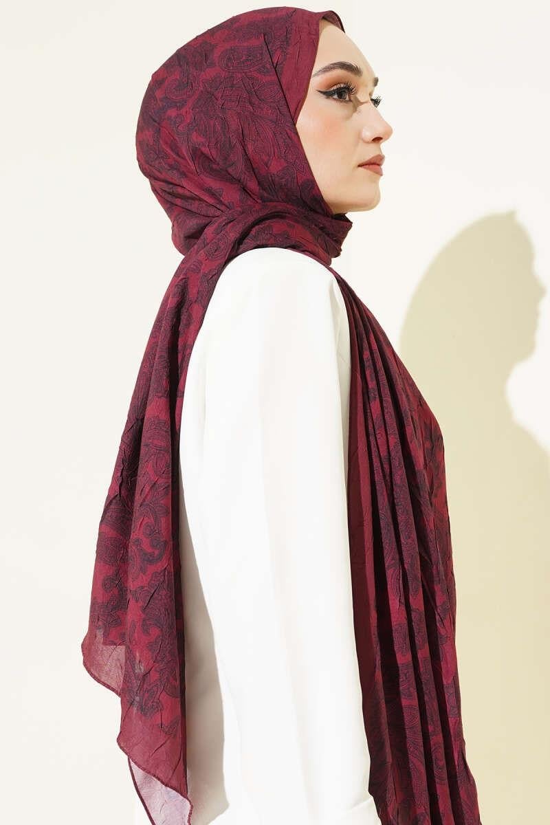 Retro Desenli Bambu Kraş Şal Bordo