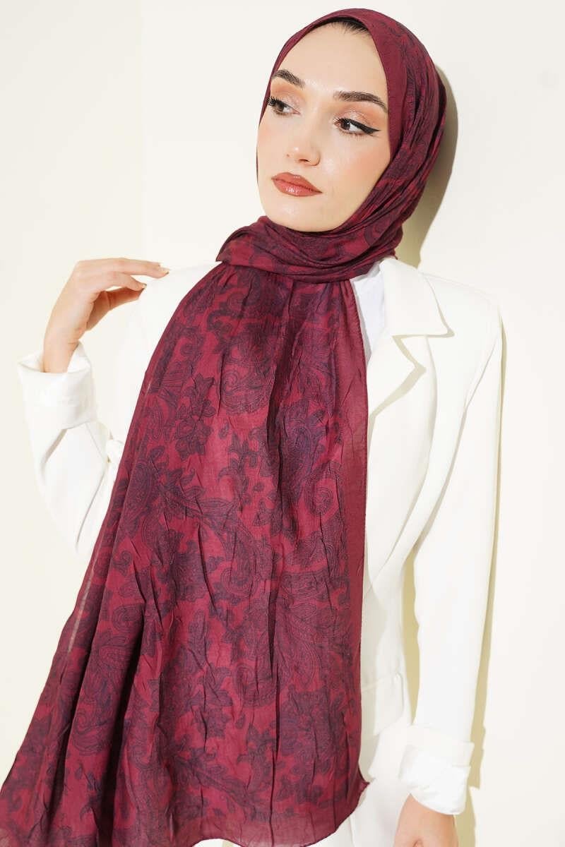 Retro Desenli Bambu Kraş Şal Bordo