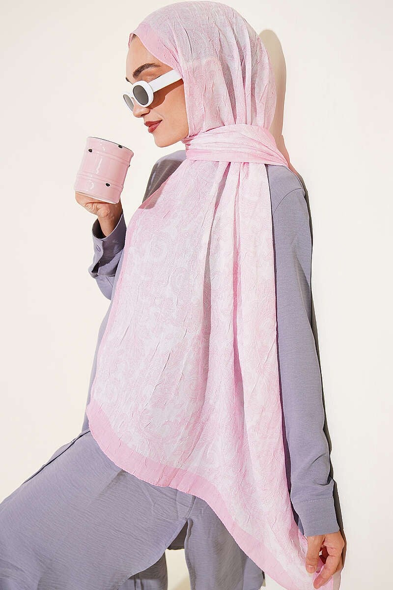 Retro Desenli Bambu Kraş Şal Pembe