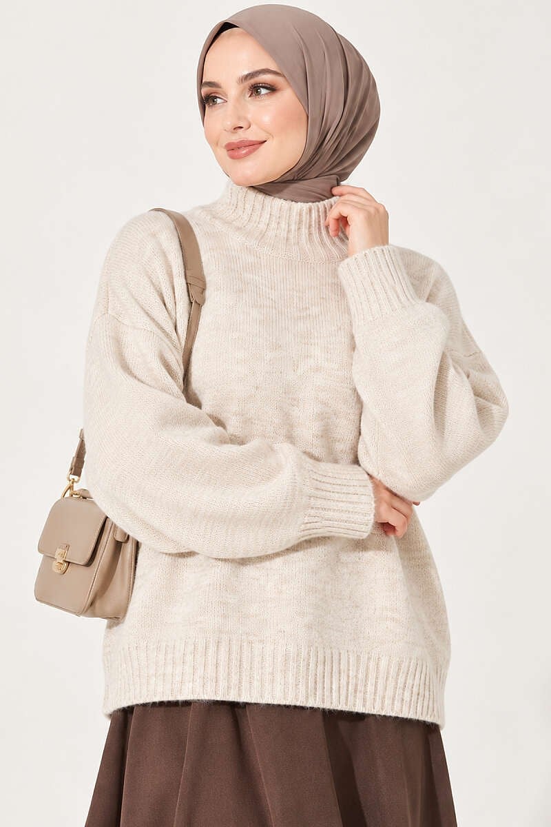 Ribanalı Basic Triko Kazak Bej