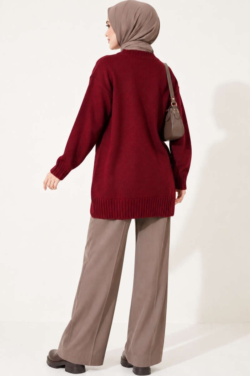 Ribanalı Bisiklet Yaka Triko Tunik Bordo