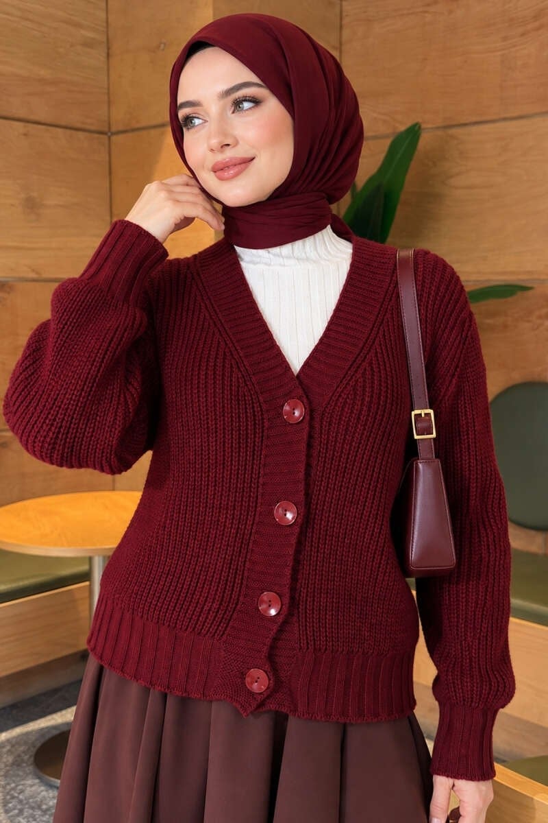 Ribanalı Düğme Detaylı Triko Hırka Bordo
