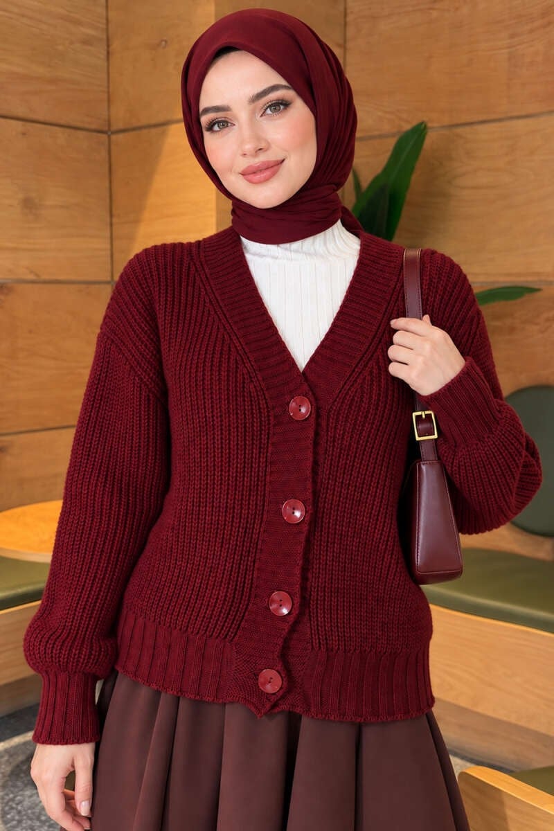 Ribanalı Düğme Detaylı Triko Hırka Bordo
