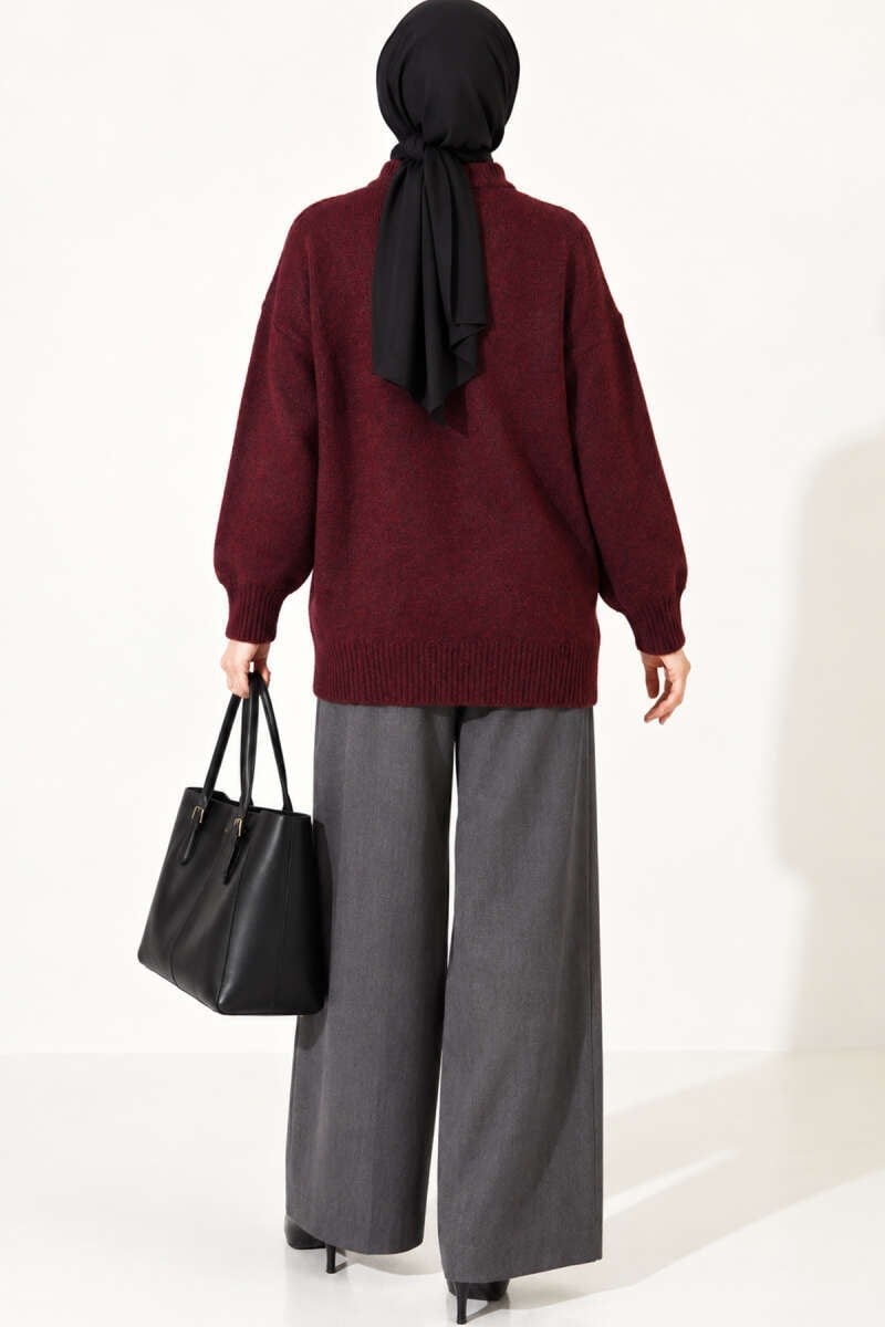 Ribanalı Düşük Omuzlu Triko Tunik Bordo