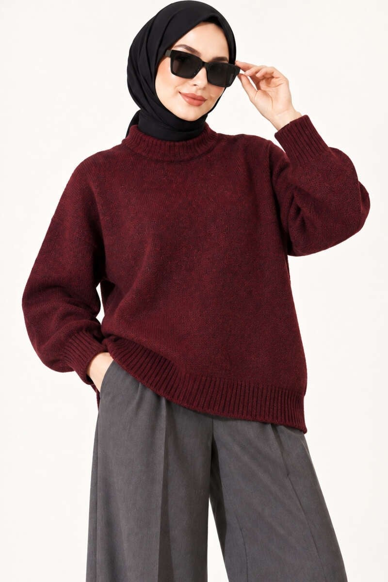 Ribanalı Düşük Omuzlu Triko Tunik Bordo