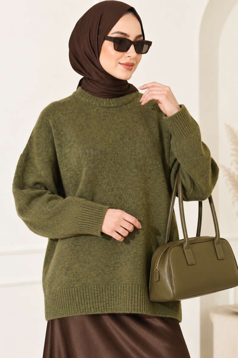 Ribanalı Düşük Omuzlu Triko Tunik Haki