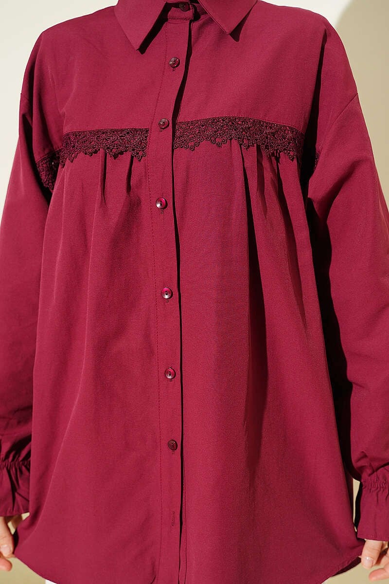 Robası Dantelli Poplin Gömlek Bordo